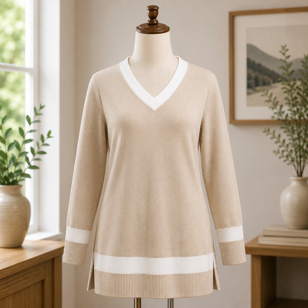 Belle by Kim Gravel Womens XXS Tan White‎ V-Neck Long Sleeve Knit Sweater Top
